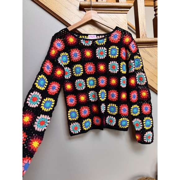 Pink Lily Crochet Granny Square Sweater Multi Color Knit Top Womens FLAWED - Picture 1 of 7